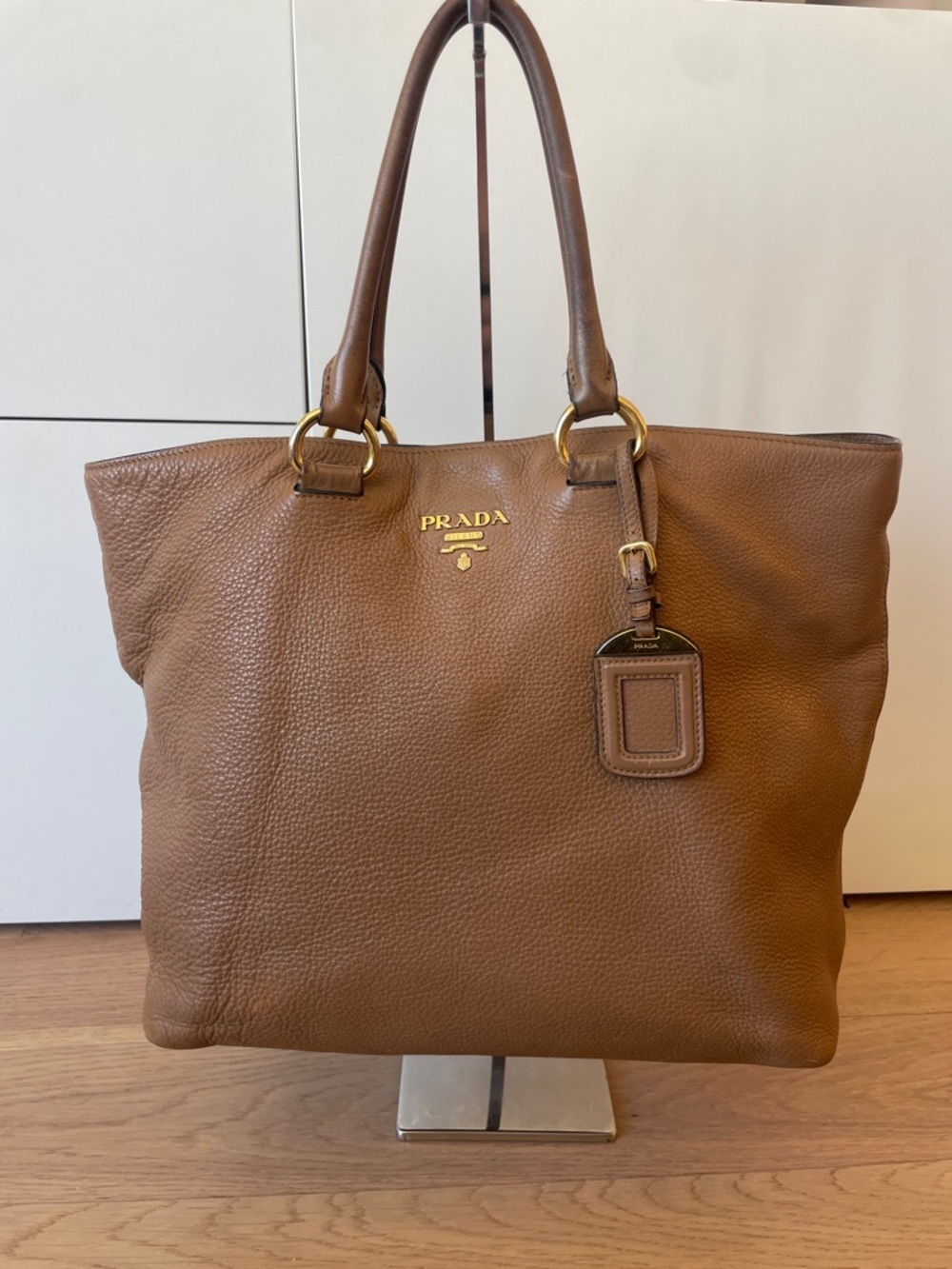 Prada Pebbled Leather Tote Bag Brown Gold Hardware | Large Work Tote Shoulder Ba
